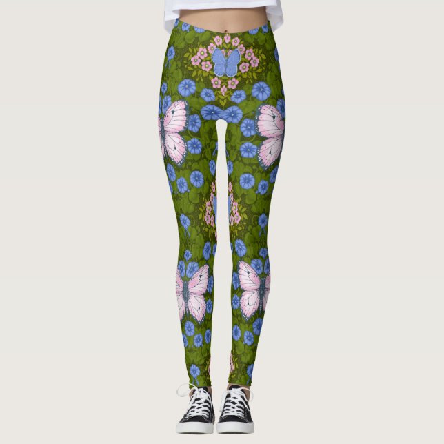 Butterflies and flowers symmetry, blue and pink leggings (Front)