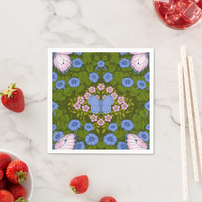 Butterflies and flowers symmetry, blue and pink napkin (Insitu)