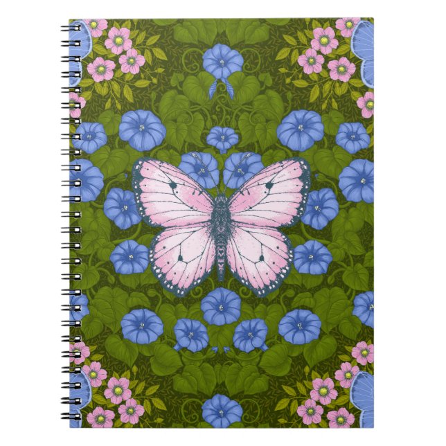 Butterflies and flowers symmetry, blue and pink notebook (Front)