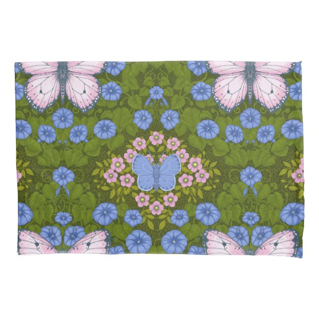 Butterflies and flowers symmetry, blue and pink pillowcase (Front-Left)