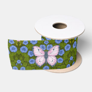 Butterflies and flowers symmetry, blue and pink satin ribbon