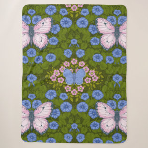Butterflies and flowers symmetry, blue and pink sherpa blanket