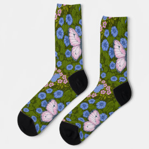 Butterflies and flowers symmetry, blue and pink socks