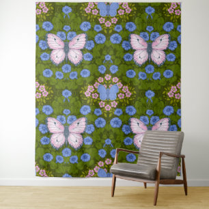 Butterflies and flowers symmetry, blue and pink tapestry