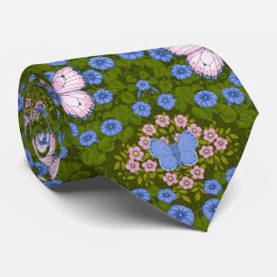 Butterflies and flowers symmetry, blue and pink tie