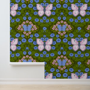 Butterflies and flowers symmetry, blue and pink wallpaper