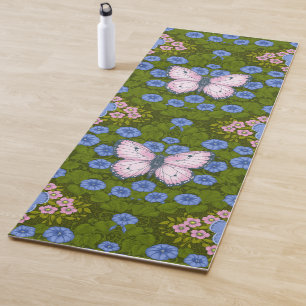 Butterflies and flowers symmetry, blue and pink yoga mat