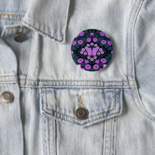 Butterflies and flowers symmetry, violet and blue 6 cm round badge