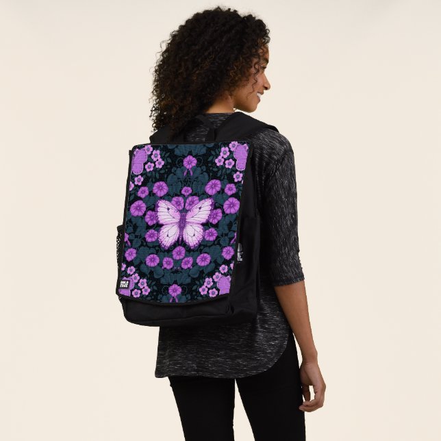 Butterflies and flowers symmetry, violet and blue backpack (Worn)