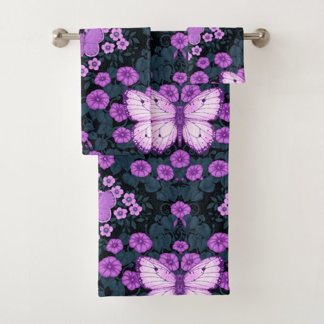 Butterflies and flowers symmetry, violet and blue bath towel set (Insitu)