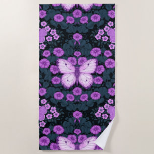 Butterflies and flowers symmetry, violet and blue beach towel