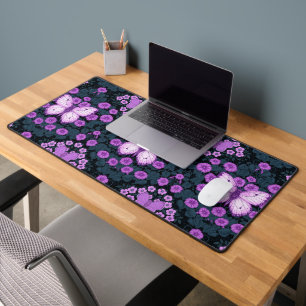 Butterflies and flowers symmetry, violet and blue desk mat