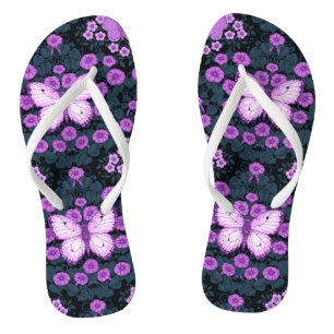 Butterflies and flowers symmetry, violet and blue flip flops