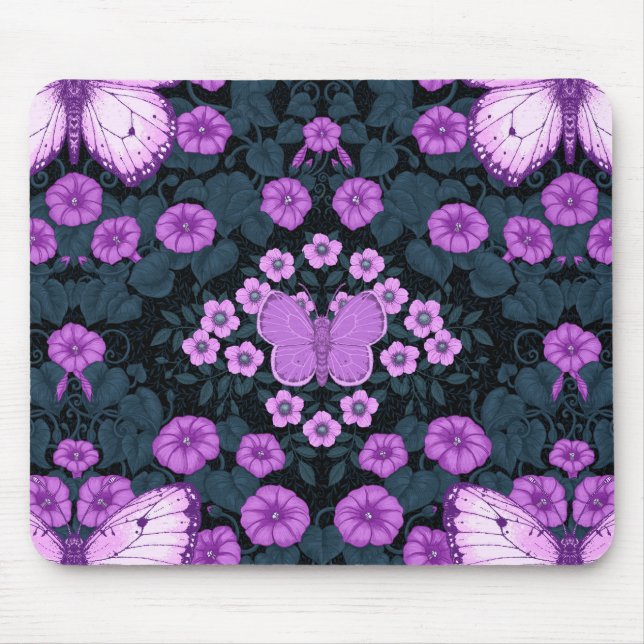 Butterflies and flowers symmetry, violet and blue mouse mat (Front)