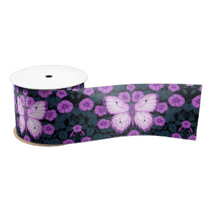 Butterflies and flowers symmetry, violet and blue satin ribbon