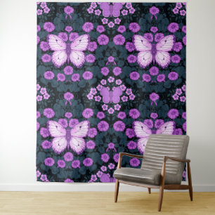 Butterflies and flowers symmetry, violet and blue tapestry