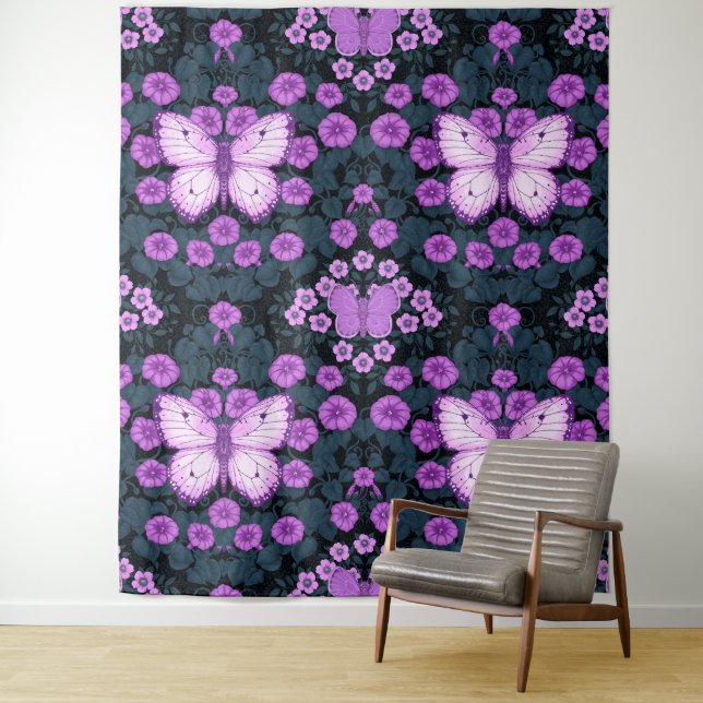 Butterflies and flowers symmetry, violet and blue tapestry (In Situ)