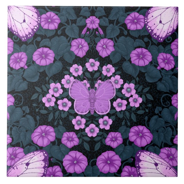 Butterflies and flowers symmetry, violet and blue tile (Front)