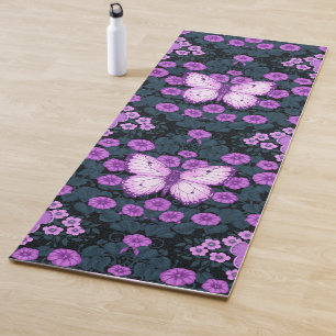 Butterflies and flowers symmetry, violet and blue yoga mat