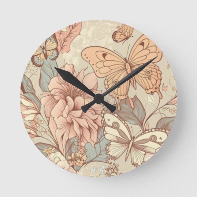 Butterflies and flowers tissue paper round clock (Front)