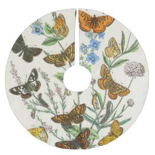 Butterflies and Flowers Vintage Illustration 1 Brushed Polyester Tree Skirt