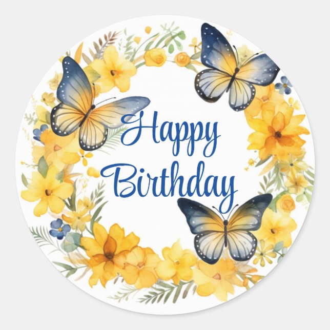 Butterflies and Golden Flowers Birthday Classic Round Sticker (Front)