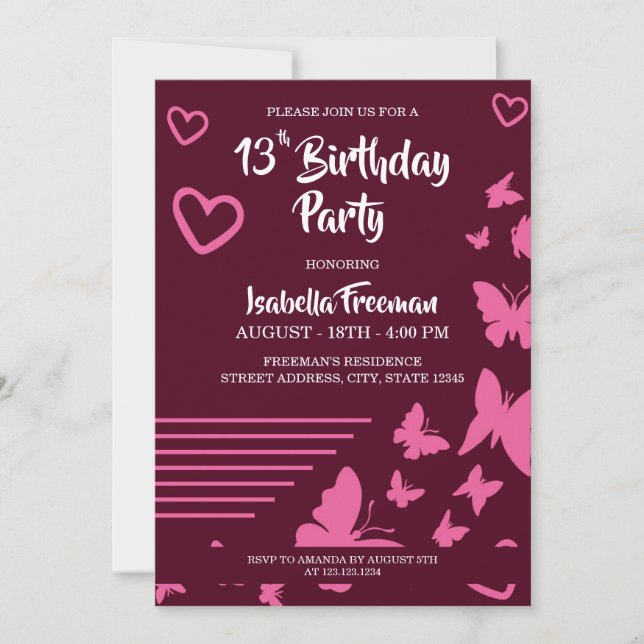 Butterflies and Hearts Pink Girl 13th Birthday Invitation (Front)