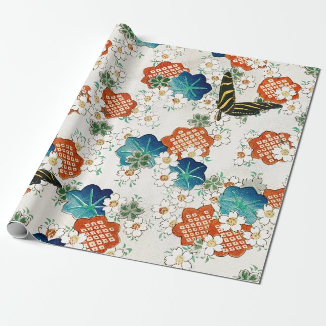 BUTTERFLIES AND JAPANESE PATTERN Wrapping Paper (Unrolled)