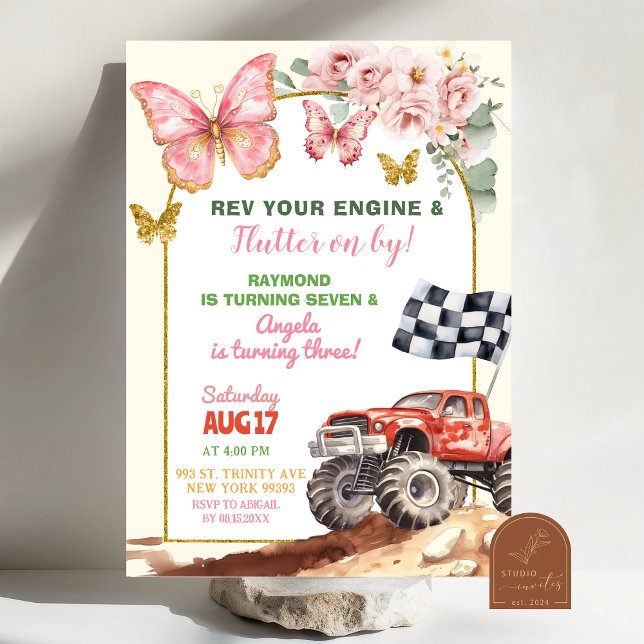 Butterflies and Monster Truck Joint Birthday Invitation (Creator Uploaded)