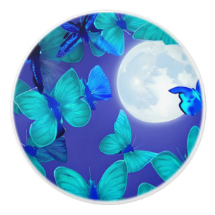 Butterflies and Moths in a Deep Blue Moonlit Sky Ceramic Knob