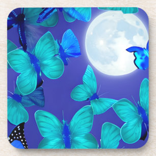Butterflies and Moths in a Deep Blue Moonlit Sky Coaster