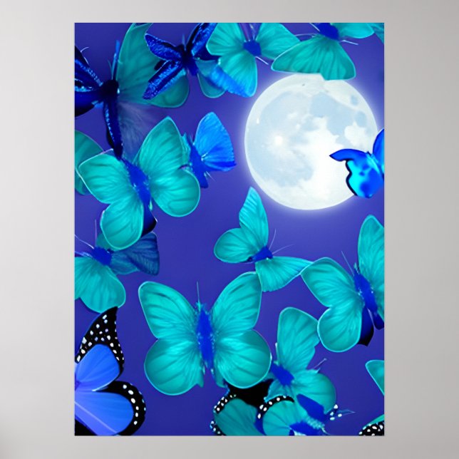 Butterflies and Moths in a Deep Blue Moonlit Sky Poster (Front)