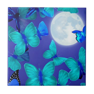Butterflies and Moths in a Deep Blue Moonlit Sky Tile