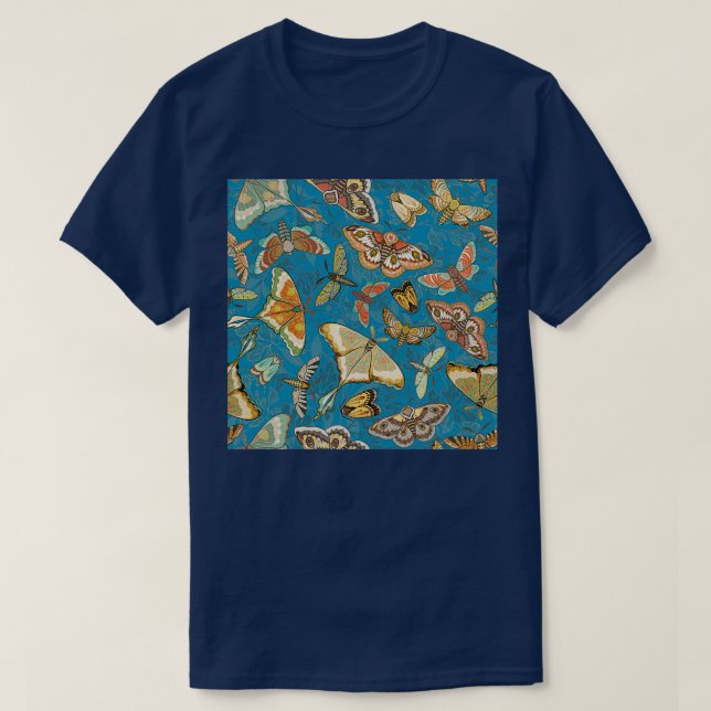 Butterflies and Moths on a blue foliage background T-Shirt (Design Front)