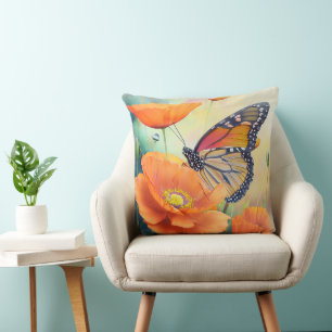 Butterflies and Orange Poppies Botanical Cushion