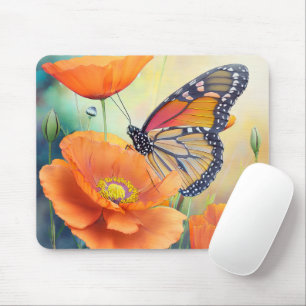 Butterflies and Orange Poppies Botanical Mouse Mat
