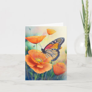 Butterflies and Orange Poppies Botanical Note Card