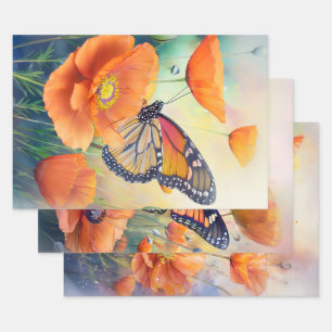 Butterflies and Orange Poppies Botanical Wrapping Paper Sheet