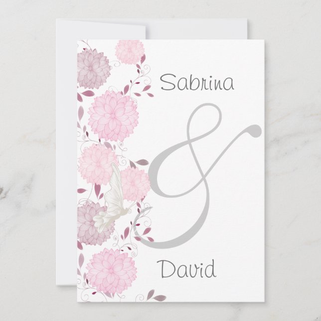 Butterflies and Pink Chrysanthemums Wedding Invitation (Front)