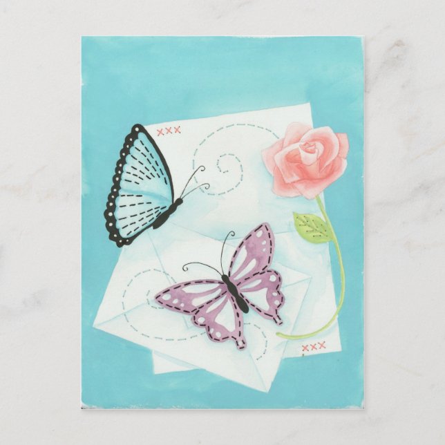 Butterflies and Pink Rose Watercolor Postcard (Front)