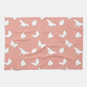 Butterflies and pinstripes - white on peach tea towel