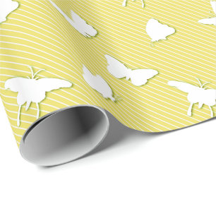Butterflies and pinstripes - white on yellow wrapping paper