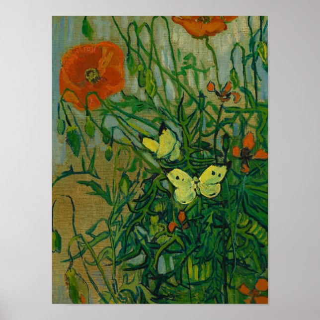 Butterflies and Poppies, 1889 by Vincent van Gogh Poster (Front)