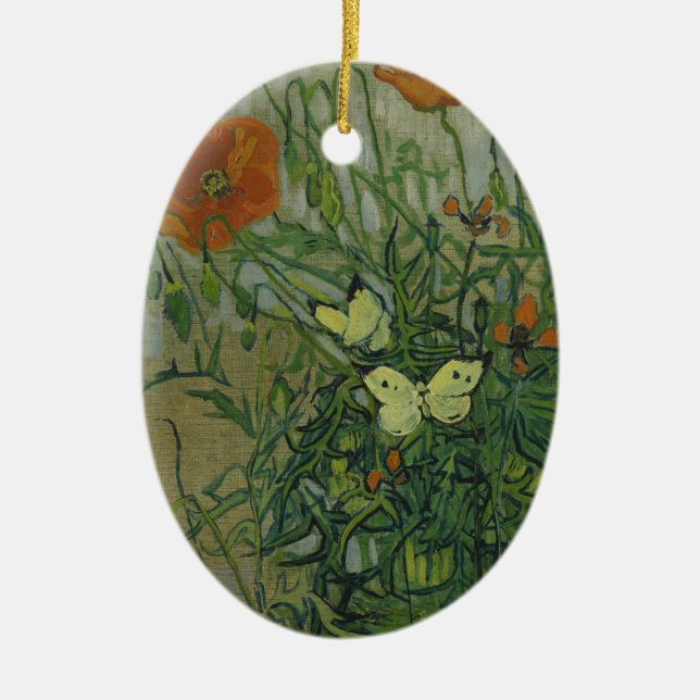 Butterflies and Poppies by Vincent van Gogh Ceramic Tree Decoration (Front)