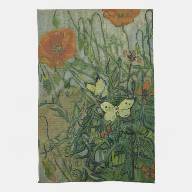 Butterflies and Poppies by Vincent van Gogh Tea Towel (Vertical)