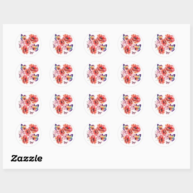 Butterflies and Poppy Flowers Classic Round Sticker (Sheet)