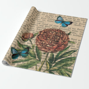 Butterflies and Poppy over Newspaper Wrapping Paper