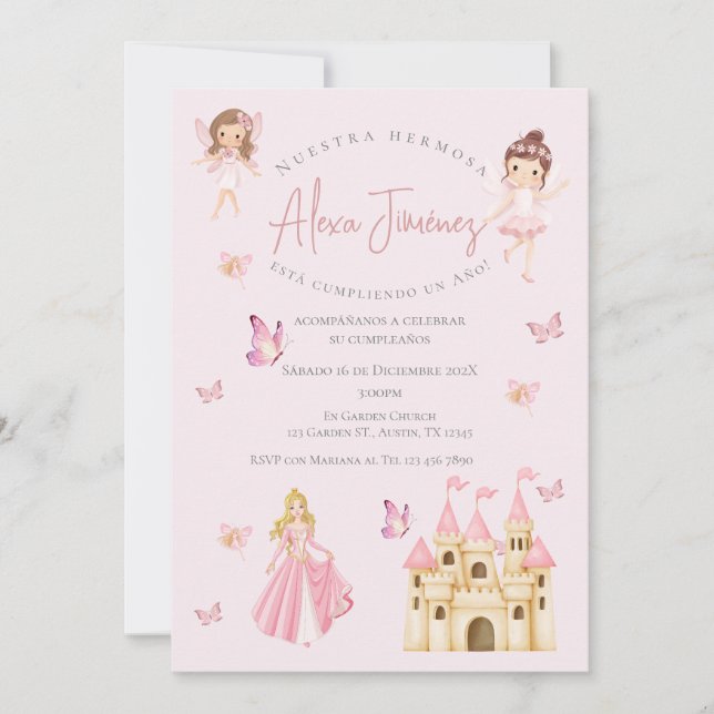 Butterflies and princesses 1st birthday in Spanish Invitation (Front)