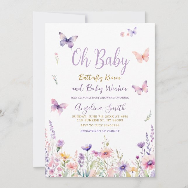 Butterflies and Purple Flowers Baby Shower  Invitation (Front)