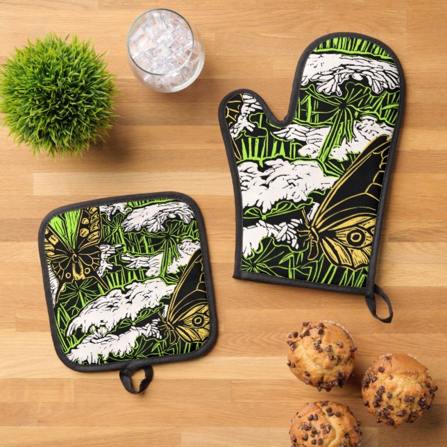 Butterflies and Queen Anne's Lace Oven Mitt & Pot Holder Set (Top Down)